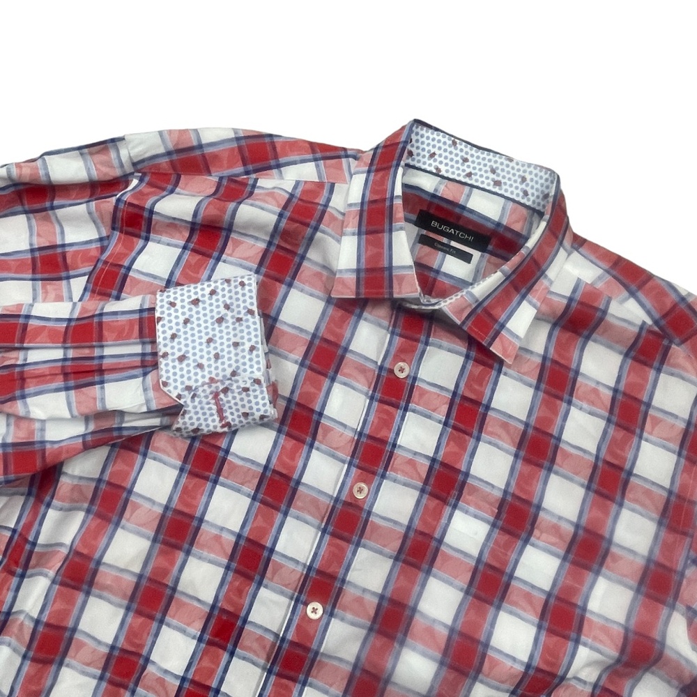 Bugatchi Large Flip Cuff Lady Bugs Classic Fit Red‎ Plaid Cotton Blend
